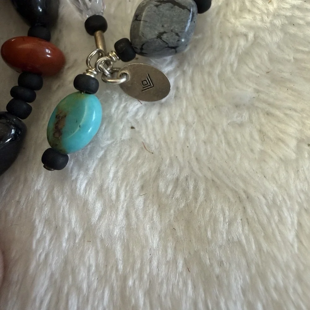 Signed LP Artisan Multi Strand Wrap Bracelet Turquoise Black Stone Beaded Boho
